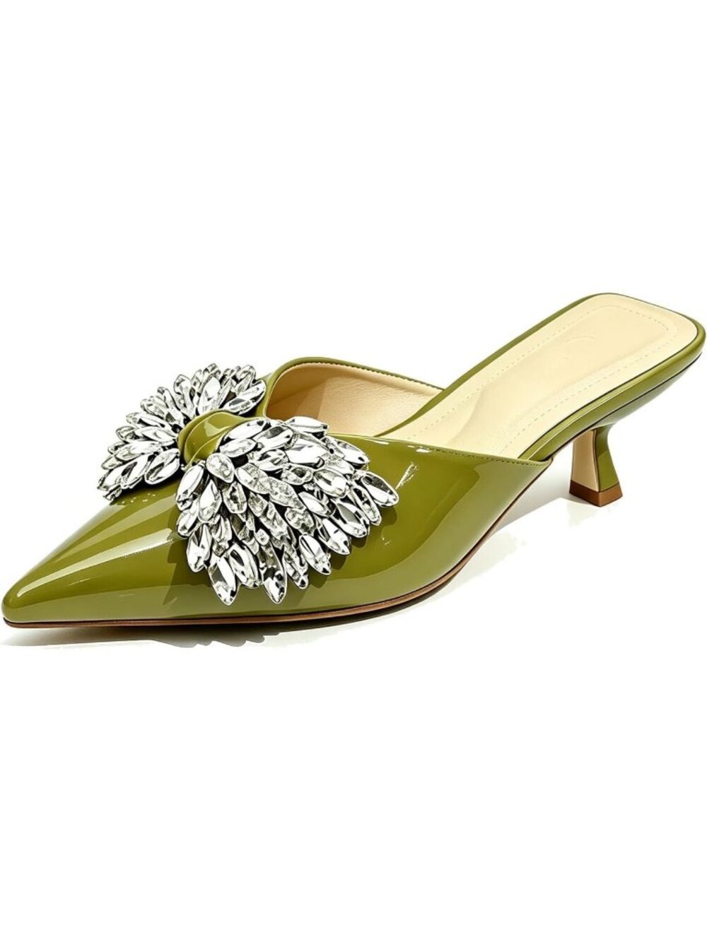 Women's Green Rhinestone Bow Kitten Heel Pointed Toe Low Heel Slide Sandals